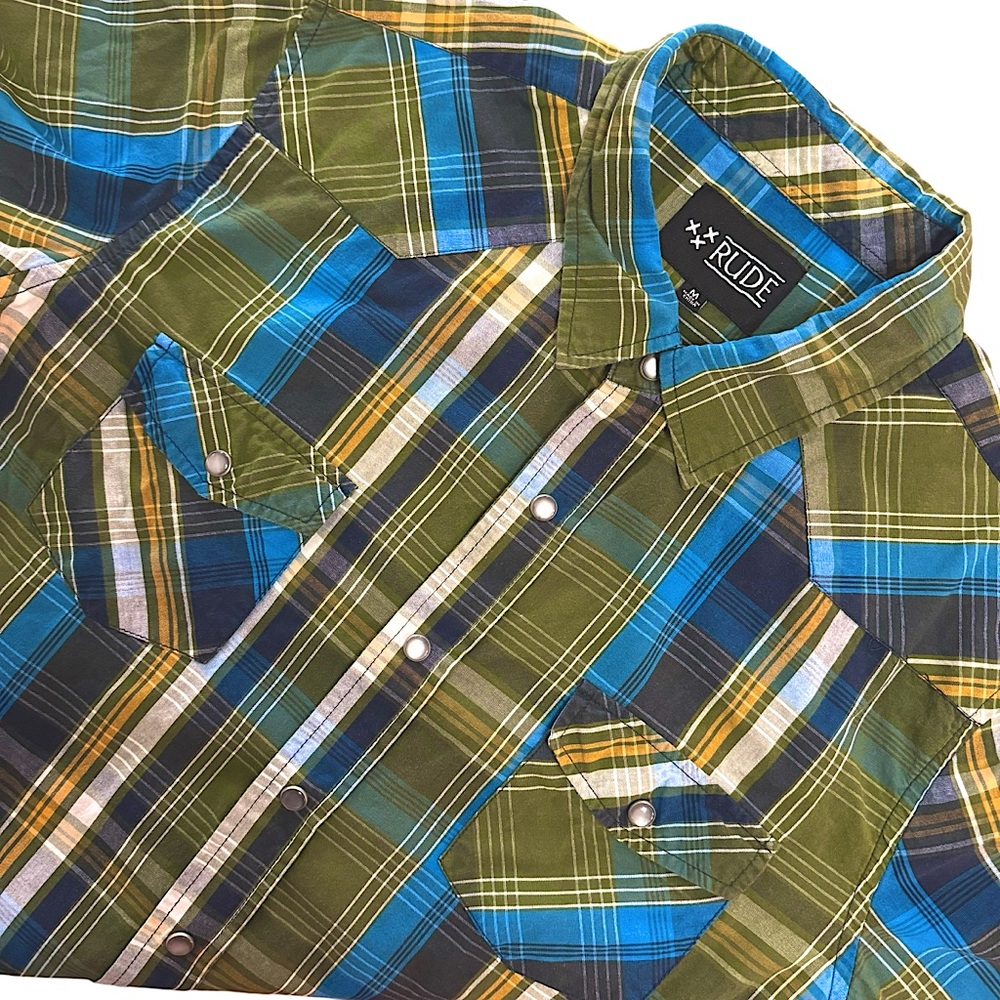 Rude Mens Long Sleeve Pearl Snap Western Lightweight Plaid Button Down Medium